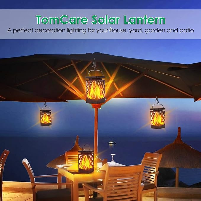 TomCare Solar Lights Outdoor Flickering Flame Solar Lantern Outdoor Hanging Lanterns Decorative Outdoor Lighting Solar Powered Waterproof LED Flame Lights for Patio Garden, 2 Pack(Black)
