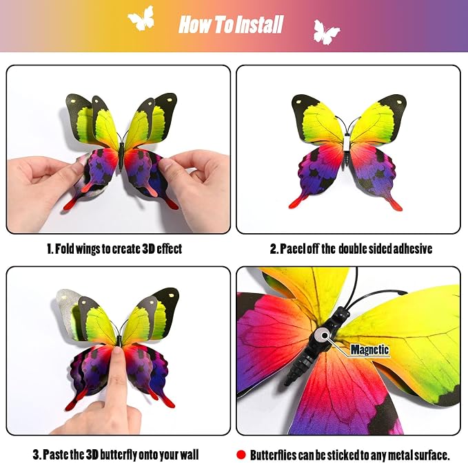 SAOROPEB 3D Butterfly Wall Decor, 72 Pcs Double Layer Butterfly Decorations for Party Decorations Locker Decor Refrigerator Decal, Reusable (Multicolor)