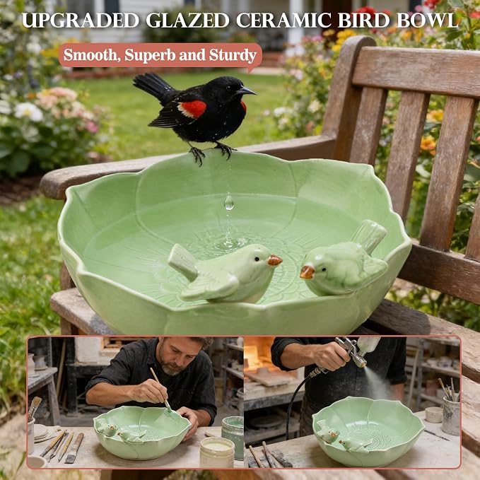 Ceramic Bird Bath for Outdoors, 10.1” Glazed Ceramic Bird Baths Bowls and Feeders for Outside, UV/Frost-Resistant Finish Ground Garden Table Top Bird Baths Decor for Patio Yard Home Green