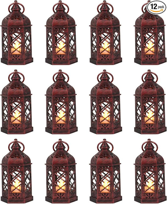 12-Pcs Mini Lanterns, Small Candle Lanterns Decorative, LED Tea Light Lantern Ramadan Decorations, Hanging Lantern, Centerpiece for Wedding Table, Battery Included(Rose Gold)