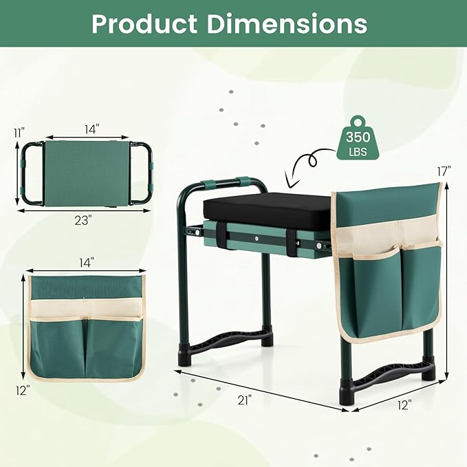 Giantex Garden Kneeler and Seat, Foldable Gardening Stool w/Wide EVA Foam Padding, Tool Pouch, Heavy-Duty Kneeling Bench for Knee & Back Pain Relief, Gardening Kit for Seniors Women Men (Green)