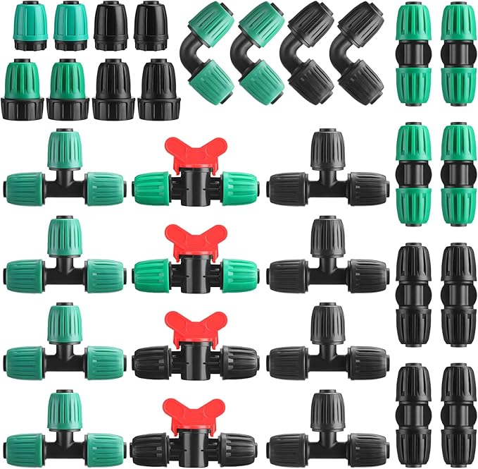 Pushglossy 32 Pcs 1/2 Tubing Irrigation Fittings Kit 1/2 ID x 0.6-0.63 OD 16 mm Drip Irrigation Barbed Connectors 4 Switch Valves, 8 Tees, 8 Couplings, 4 Elbows, 4 Ends, 4 Adapters (Green, Black)