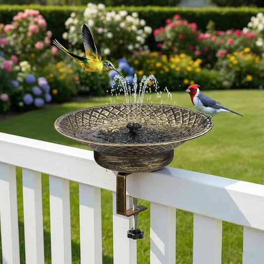 Solar Bird Bath for Deck Railing, 12.6“ Metal Solar Powered Bird Bath Fountain with Bubbler, 3.5” Adjustable Clamp for Balcony & Patio, 2-in-1 Deck Bird Feeder for Garden Yard Decor, Gold