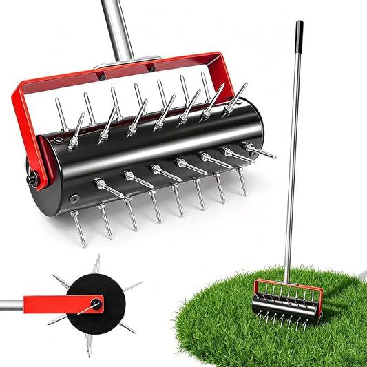 Rolling Lawn Aerator Tool Heavy Duty Manual Push Aerator Lawn Tool with 42 Spikes Lawn Aerator Spike Tool Soil Penetrator Push Lawn Aeration (70in)