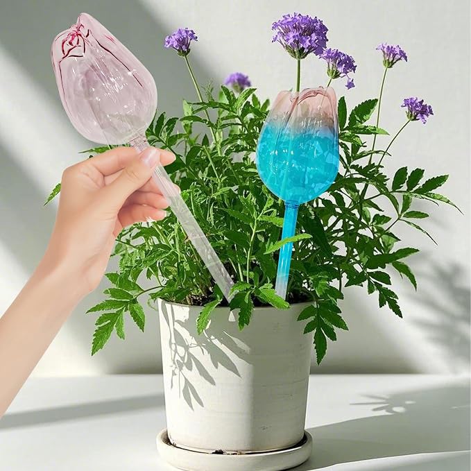 2 PC Plant Watering Globes Tulips, Glass Water Globes for Plants Plant Watering Globes Tulips Insert Spikes Drip Devices Water Spikes for Indoor Plants