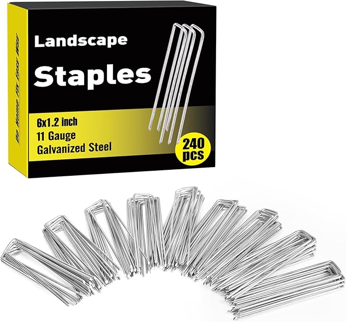 240 Pack 6 Inch Landscape Staples, Garden Stakes Galvanized Tent Stakes Heavy Duty 11 Gauge SOD Landscaping Fabric Pins Yard Ground Lawn Staples for Plant Cover, Turf, Fence, Grass Decoration