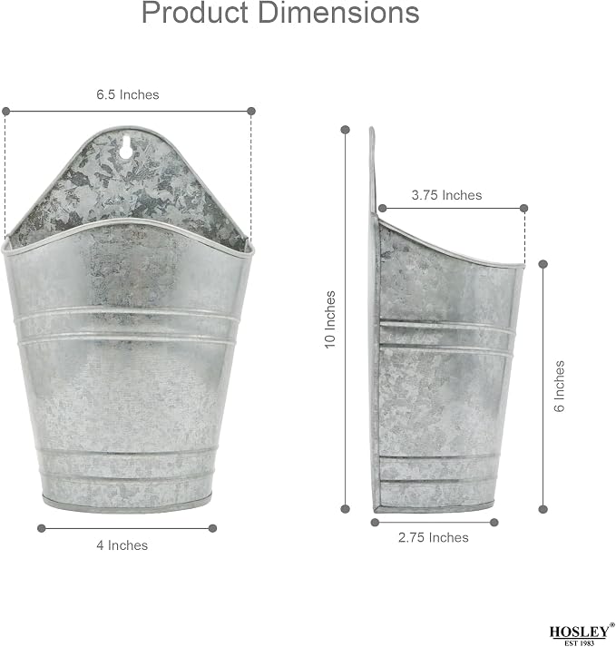 Hosley Set of 2 Galvanized Wall Planters, 10 Inch Hanging Metal Buckets for Indoor Outdoor Garden, Farmhouse Wall Decor, Rustic Patio & Balcony Planter Pots