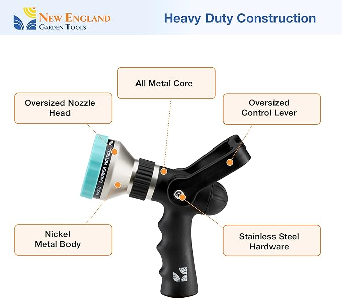 Heavy Duty Metal 10-Pattern Fireman’s Hose Nozzle 500003 with Lever Control and Comfort Grip, High Pressure Hose Sprayer, by New England Garden Tools for Watering Plants & Yards, Washing Pets & Cars