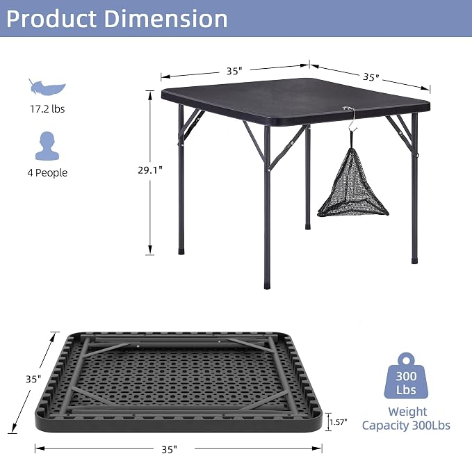 VECELO Folding Card Table Square with Mesh Bag, Heavy-Duty Collapsible Locking Legs & Easy to Storage, Portable for Indoor/Outdoor Use, Black