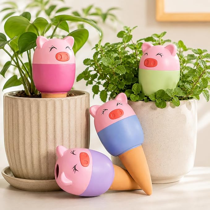 Yeswhat Self Watering Plant Spikes 4 Pack, Terracotta Automatic Plant Waterer for Indoor Outdoor Plants, Slow Release Watering Stakes, Vacation Watering Devices for Potted Plants Garden Decor (Pig)