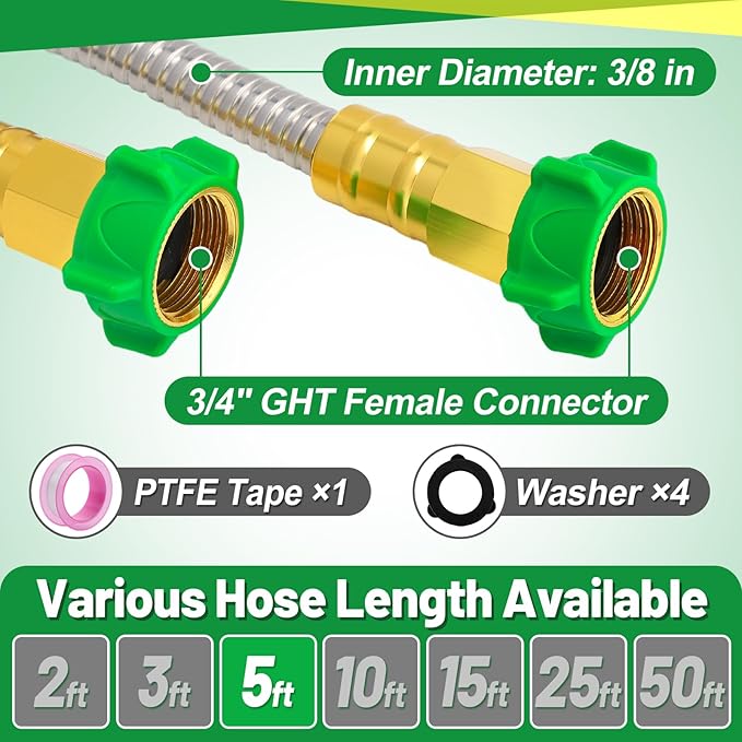 5ft Short Garden Hose with Double Female Connectors - Metal Leakproof Leader Hose for Hose Reel, Heavy Duty 304 Stainless Steel Flexible Hose for Outdoor Garden Watering Car Pet Cleaning