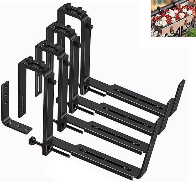 Y&M Window Box Brackets, Heavy Duty Iron Adjustable Planter Flower Box Brackets for Railings, Perfect for Balconies, Fences, and Gardens（4 Packs）