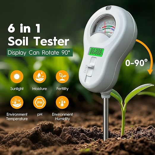 6-in-one Soil Test Kit-Soil Moisture Meter/PH Meter/Fertility/Sunlight Intensity Soil Tester, LCD Air Hygrometer&Temperature Moisture Meter for Plants-Garden, Lawn,Farm,3 Pack Detachable Probe