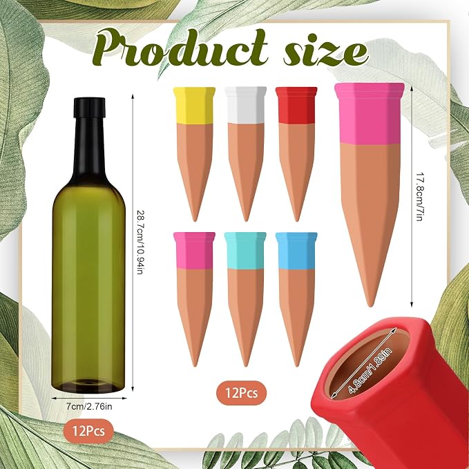 SiliFine 12 Set Plant Watering Devices Include Terracotta Self Watering Spikes and 26 oz Plastic Bottles, Slow Release Vacation Insert Automatic Plant Waterer Device (Green and Mixed Color)