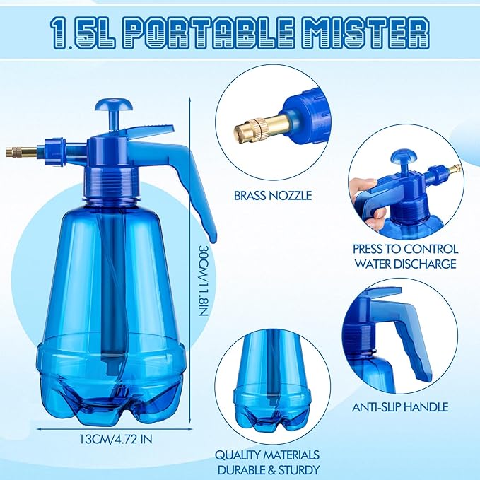 Teenyyou 2 Pcs 1.5 Liter Misters Spray Pump Bottle with Full Neoprene Jacket and Built in Carrying Strap Garden Plant Mister Spray Bottle for Spring Personal Cooling Plants Watering (Blue)