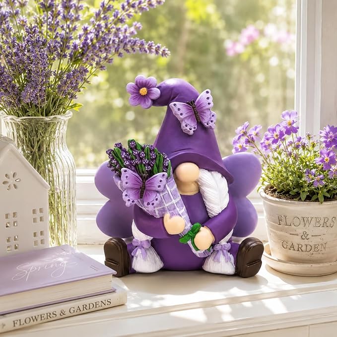 Lavender Gnome Spring Summer Decor, Fairy Garden Gnome with Butterfly & Lavender Bouquet, Purple Gifts for Women Yard Porch Flower Bed Decor
