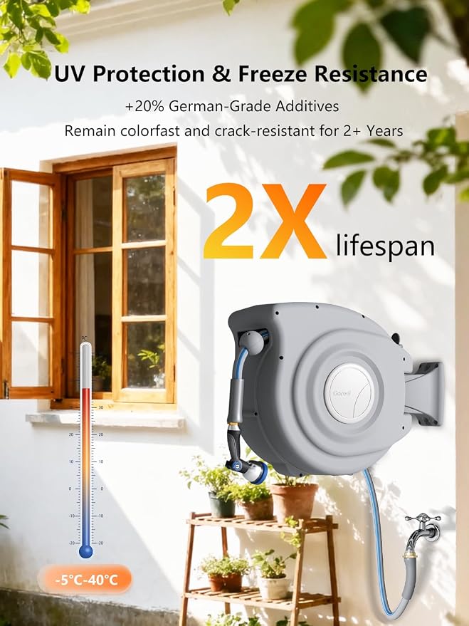 Retractable Garden Hose Reel 1/2 in x 100 ft Heavy Duty Automatic Water Hose Reel with 10-Function Sprayer Nozzle Kink-Free Auto Rewind Any-Length Lock 180° Swivel UV Resistant - Light Gray