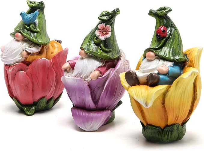 Hodao Resin Gnome Figurines, 3-Piece Flower Pot Indoor Home Decorations, Cute Ornaments for Bedroom & Living Room, Ideal Gift for Garden Lovers (Assorted Colors)
