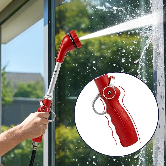 HugeDawn Garden Hose Wand, 16-Inch Heavy Duty Zinc Alloy & Aluminum Watering Wand with 8 Spray Patterns Thumb Control for Hanging Baskets, Garden, Cleaning (Red)