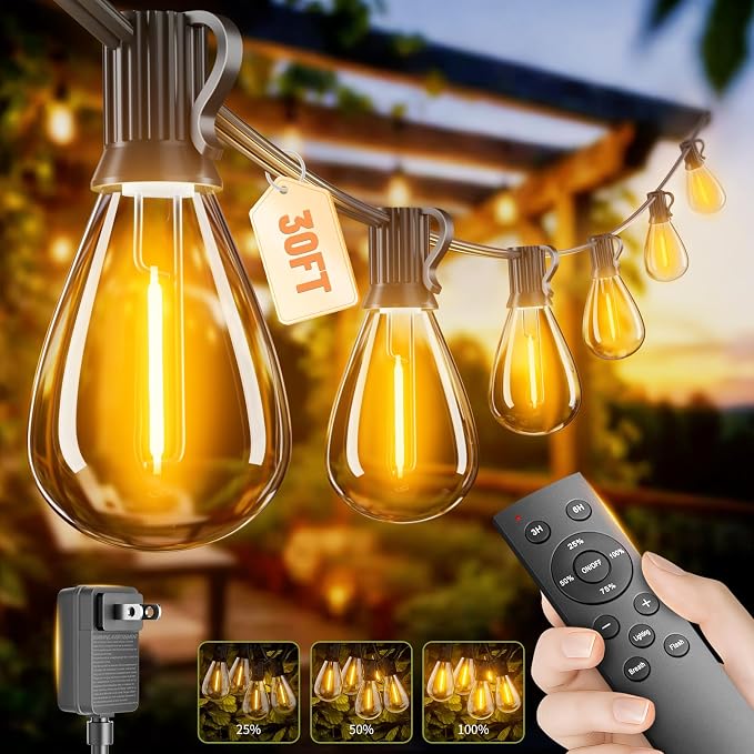 30FT LED Outdoor String Lights with Remote, One Continuous Strand Patio Lights with 10+1 Shatterproof S11 Bulbs, Dimmable 2200K Warm White, Timer & 3 Modes, Low Voltage for Backyard Garden