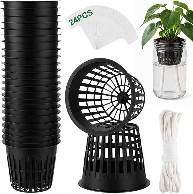 Net Cups Hydroponics 24 Pack 3 Inch Mesh Net Pots with 20 Ft Wick Cord & 24 Plant Labels, Slotted Cups for Healthy Root Growth, Indoor Hydroponic Growing & Aquaponics Systems
