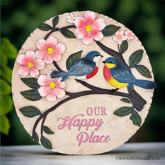 OrnamentallyYou Elegant Resin Stepping Stone, Outdoor Garden Pathway Decoration (Blossoming Songbirds Positivity Stepping Stone, 9.5" Happiness Garden Decoration and Support Gift)