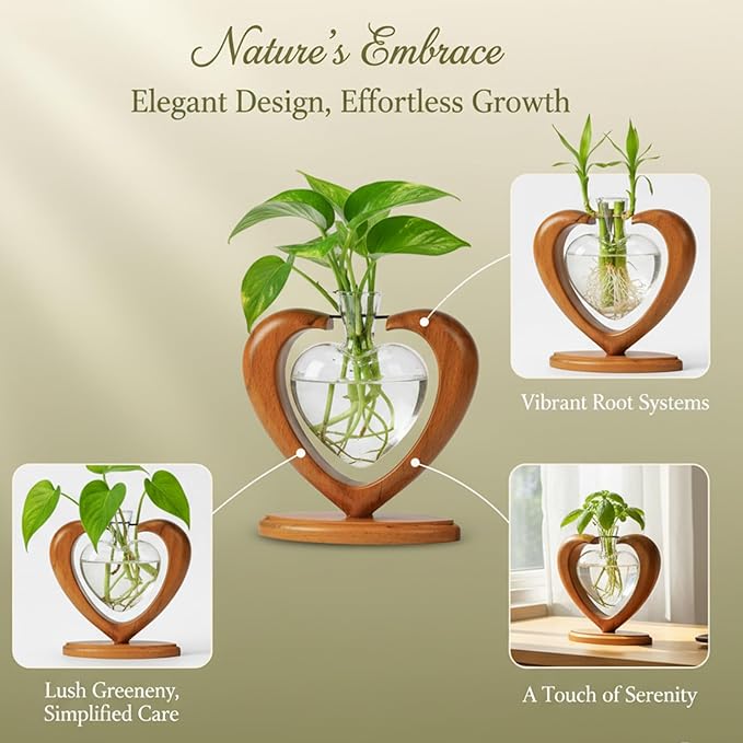 Plant Propagation Station, Heart-Shaped Hydroponic Glass Vase with Solid Wooden Stand, Rooting Vase for Cuttings, Gifts for Plant Lovers Mom Wife, Home Office Wedding Tabletop Decor