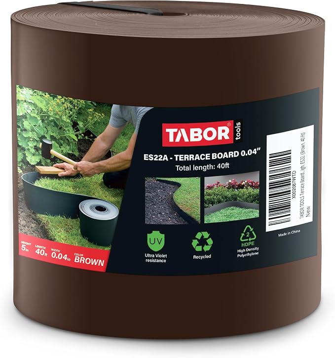 TABOR TOOLS 40 Ft Terrace Board, 5 Inch High, 0.04" Inch Thin, Landscape Edging Coil, Grass Barrier, Bender Board, Garden Liner, ES22. (Brown)