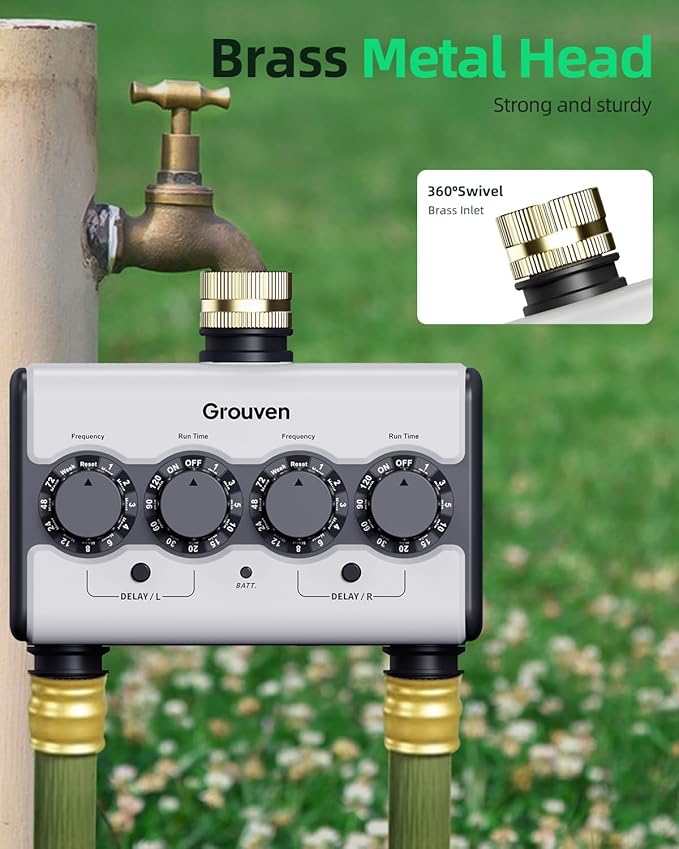 Dual Outlet Ball Valve Water Timer, Brass Inlet Sprinkler Timer No Water Pressure Required 2 Independent Zones with Rain Sensor Port & Delay Function for Garden Lawn Flower Bed