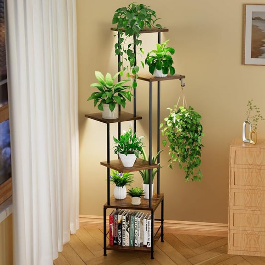 Homsorout Plant Stand Indoor with Grow Light - 6-Tier Metal Plant Shelf with Hanging Basket Hook, Corner Tall Flower Holder for Multiple Plants, Living Room Balcony Garden Patio, Rustic