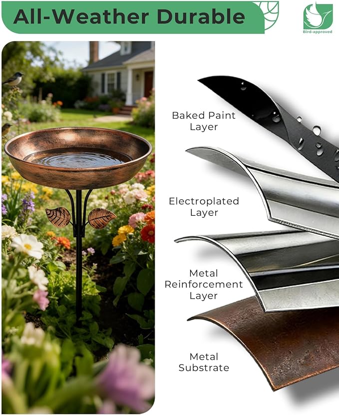 Metal Bird Bath for Outdoors, 12" Dia Bowl with Stable Upgrades Stake Birdbaths Garden Yard Lawn Decor 0.7 Gallon