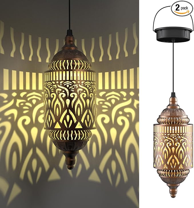 Twinkya 2Pack Hanging Solar Lights Outdoor Garden Decor, Waterproof Metal Moroccan Solar Powered Lantern Lamp, Outside Decorations for Patio Yard Porch Backyard Decor, Gardening Gifts for Women Mom