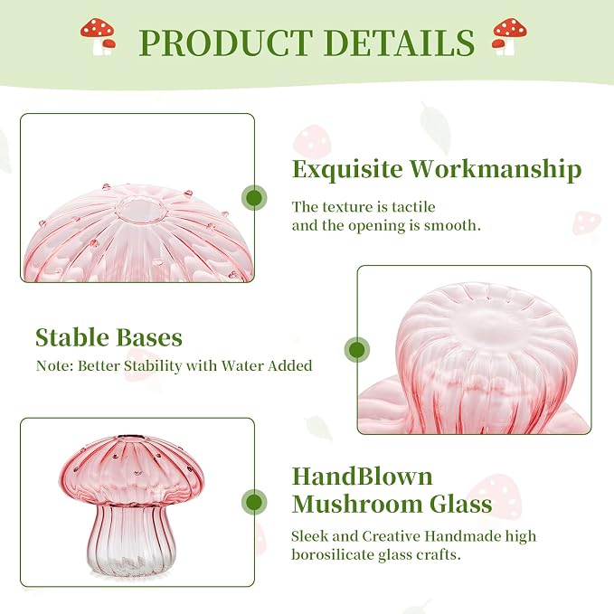 Glasseam Mushroom Plant Propagation Stations: Pink Glass Terrarium Jar Set of 10 Cute Planters for Indoor Plants Mini Propagate Station Unique Christmas Birthday Gifts for Women Home Office Decor