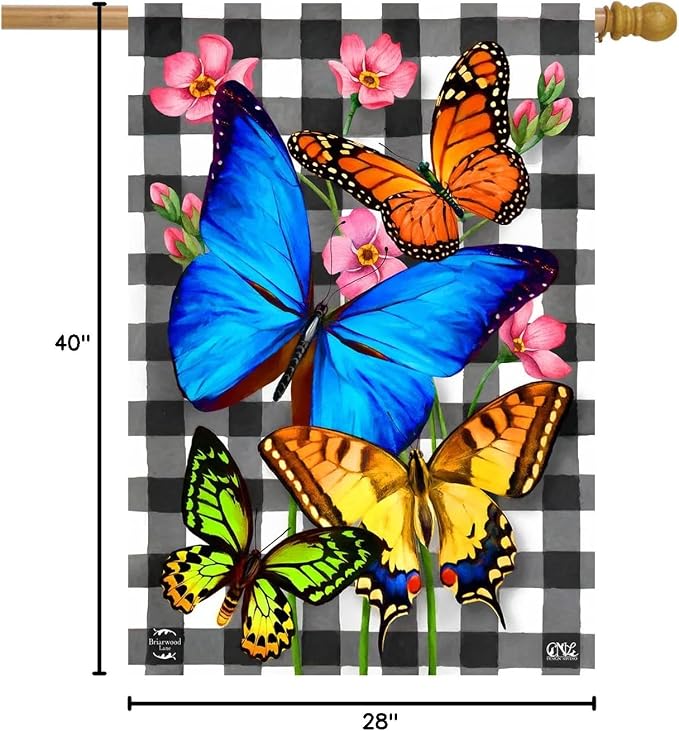 Checkered Butterflies Spring House Flag Floral 28" x 40" Briarwood Lane