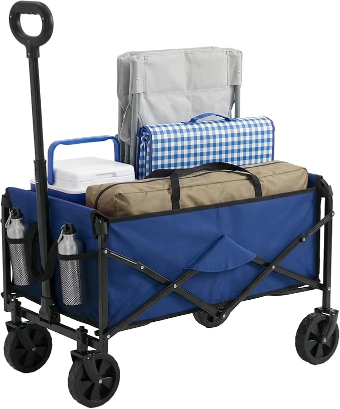 OLIXIS Collapsible Wagon 67L Compact Lightweight Utility Folding Wagon Cart with Wheels – 220 lbs Weight Capacity, Flexible Handle for Beach, Grocery, Camping, Shopping, Sports & Garden, Blue