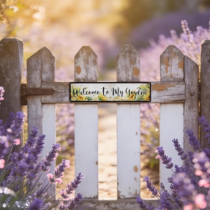 Rustic Garden Signs, Welcome to My Garden Sign, Sunflower Floral Vintage Farmhouse Outdoor Wall Art, for Porch Patio Fence Door, Ideal for Gardening Lovers, 15.7 x 3.9 Inches