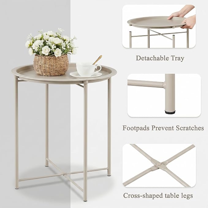 VECELO Side/End Table, Folding Round Metal Anti-Rust and Waterproof Outdoor or Indoor Tray for Living Room Bedroom Balcony and Office, 2 PCS, Grey