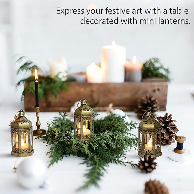 Mini Moroccan Lanterns with Flicker LED Candles Set of 12, Gold Vintage Decorative Hanging Lanterns for Ramadan, Christmas, Halloween, Wedding, Party, Table Centerpiece, ABS Plastic and Glass