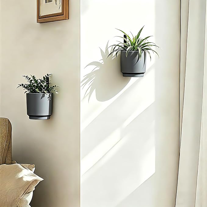 2 Pcs Wall Mounted Hanging Planter Vase for Indoor Outdoor Plants,Modern Metal Wall and Ceiling Hanging Flower Pot with Removable Flower Pot,Minimalist Decor for Herbs Succulents Flowers,4.3Inch,Grey