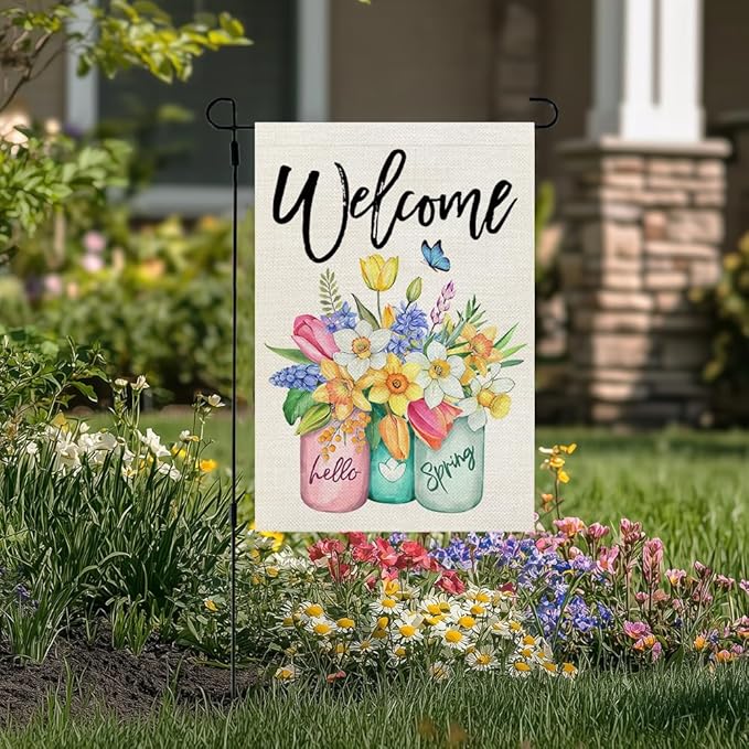 CROWNED BEAUTY Spring Garden Flag Floral Mason Jar Double Sided 12X18 Inches Burlap for Outside Seasonal Yard
