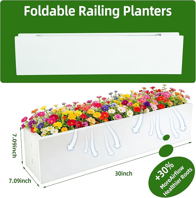 Metal Railing Planter Box, 30 Inch Balcony Planters with Adjustable Brackets, Large Hanging Planters for Outdoor Fence Deck