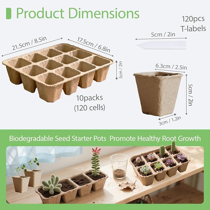 10-Pack Seed Starter Trays – Peat Pots for Seedlings, 120 Biodegradable Seed Starter Pots, Seed Starting Kit with 120 Plant Labels (Large)