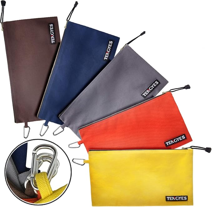 Canvas Tool Pouch Zipper Bag - 5 Pack Utility Bags Heavy Duty Metal Zippers Pouches with Carabiner, Multi Storage Organizer Clip on Tote Bags