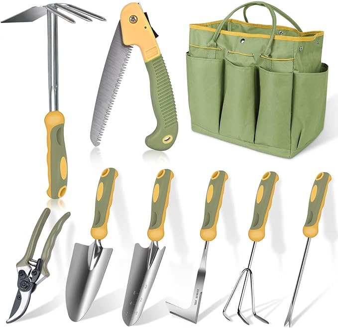 Garden Tool Set, WisaKey 9 Piece Stainless Steel Heavy Duty Gardening Hand Tools Durable Garden Tool Bag Gardening Gifts for Women and Men Fathers Day for Dad Husband