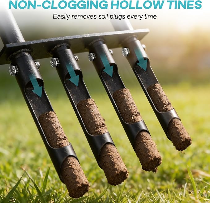 Lawn Core Aerator with 4 Detachable Hollow Tines, Pre-Assembled Manual Plug Aerator Tool with T-Handle & Foot Bar, Grass Soil Aerator for Lawn Yard Aeration & Soil Loosening