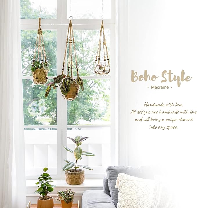 Mkono Macrame Plant Hanger Indoor Jute Hanging Planter Basket with Wood Beads Decorative Flower Pot Holder No Tassels for Indoor Outdoor Boho Home Decor 35 Inch, Brown, Set of 1 (POTS NOT Included)