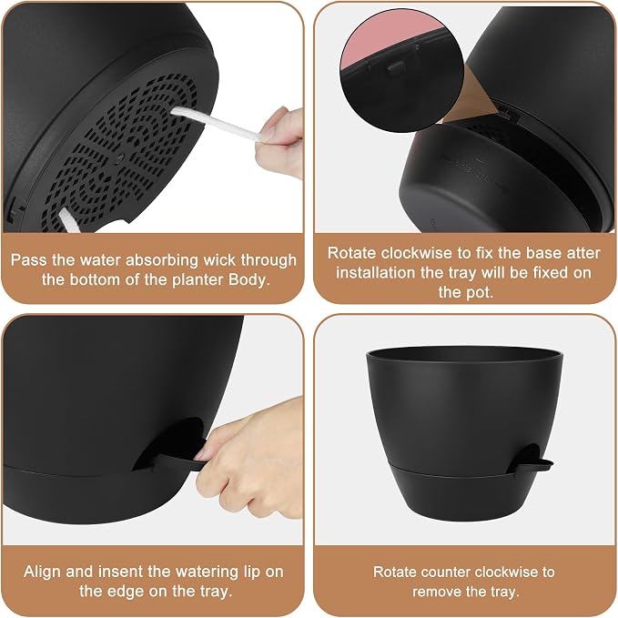 QRRICA Plant Pots 10/9/8/7.5/7 Inch Self Watering Pots, Set of 5 Plastic Planters with Drainage Holes and Saucers,Plastic Flower Pots,Nursery Planting Pot for Indoor Out Door Plants(All Black)