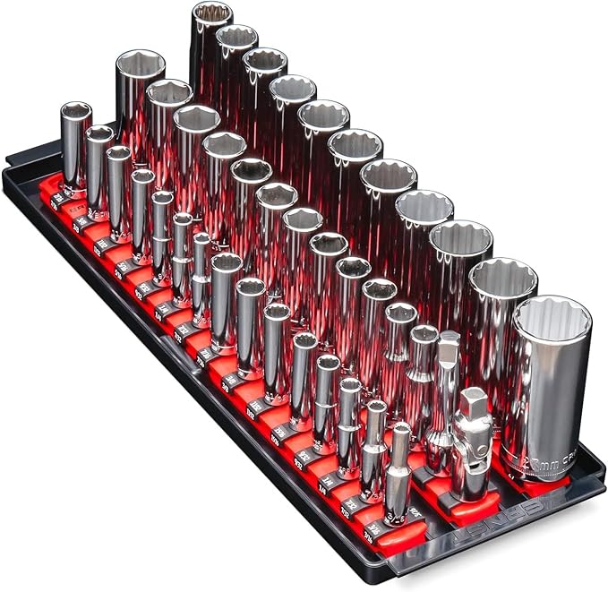 Ernst Manufacturing 8490 Socket Boss: 3-Rail Socket Organizer Tool Tray with 40 Clips (1/4", 3/8", 1/2") - Red, 13-Inch Rails for Toolbox Storage - Made in USA