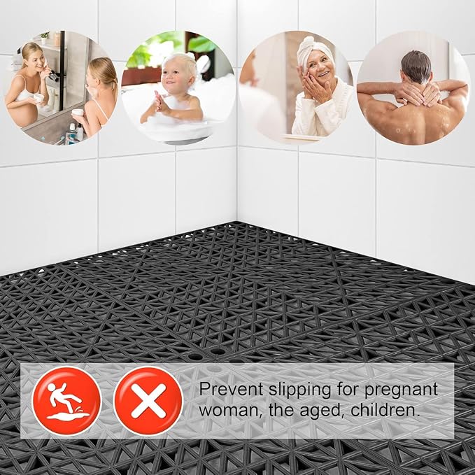 MYFAMIREA Modular Interlocking Cushion 24 Pack 11.8" x 11.8" Rubber Floor Tiles Non-Slip Splicing Drainage Mats for Deck, Pool, Outdoor Shower, Patio, Balcony, Indoor Bathroom, Kitchen, Yard (Black)