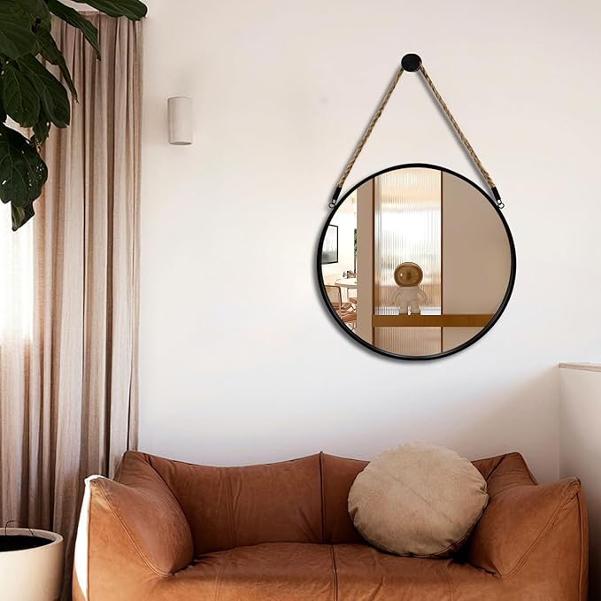 POZINO Round Hanging Mirror with Rope, 20" Farmhouse Decorative Mirror with Black Metal Frame, Circle Wall Mirror for Bathroom, Bedroom, Living Room, Entryway, Fireplace